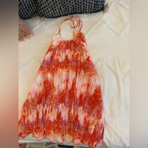 Red and White Tie-Dye Pleated Dress